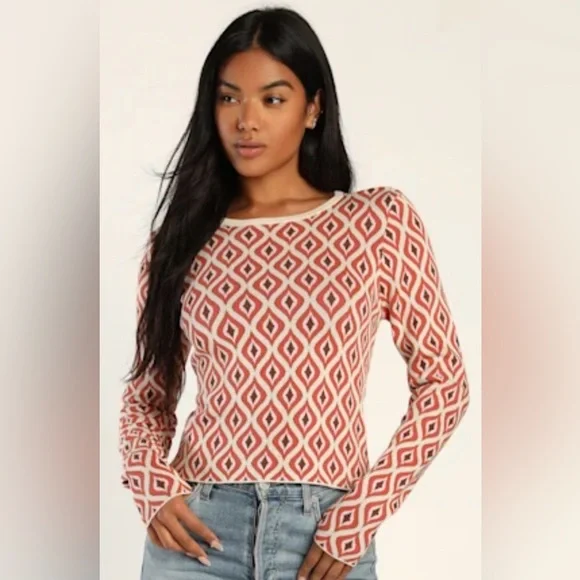 Lulu's Promising Style Taupe Multi Geo Print Cutout Sweater Top Large - Picture 1 of 14